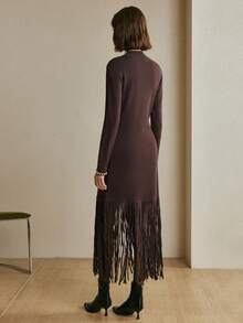 Arave Women's Slim Fit, Small High Collar, Cuffs With Beading Decoration, Hem With Tassel Stitching Design, Modern Party Long-Sleeved Sweater Dress,   Party Dress, Winter Clothes For Women - Chocolate Brown - View 6