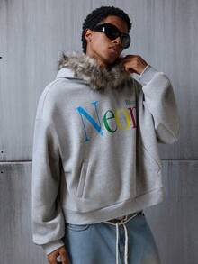 NEON BLANC Felpa da uomo a maniche lunghe con motivo, moda con cappuccio in pile, ampia, con cappuccio corto - Grigio - Visualizzare 4