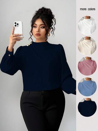 Elenzga Plus Size Solid Color Stand Collar Button Decor Elegant Long Sleeve Shirt