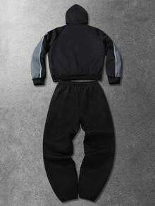 ROMWE MEN Prep Unisex American English Print Patchwork Hoodie Set, Casual Streetwear, Autumn/Winter - Black - View 2