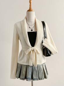 SHEIN Unity Áo khoác cardigan dệt kim dài tay cổ khăn choàng màu trơn đơn giản dành cho nữ, mùa thu/đông - Màu be - Xem 1