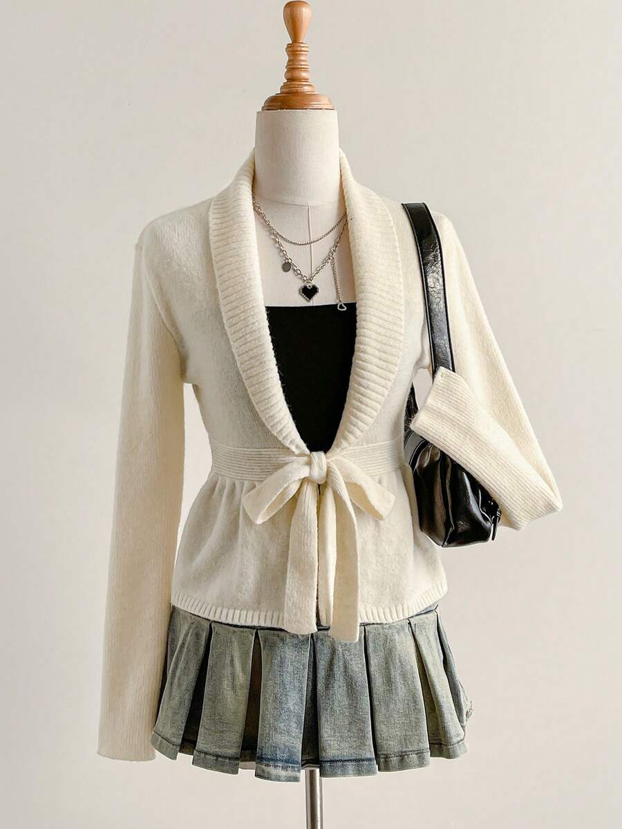 SHEIN Unity Áo khoác cardigan dệt kim dài tay cổ khăn choàng màu trơn đơn giản dành cho nữ, mùa thu/đông - Màu be - Xem 1