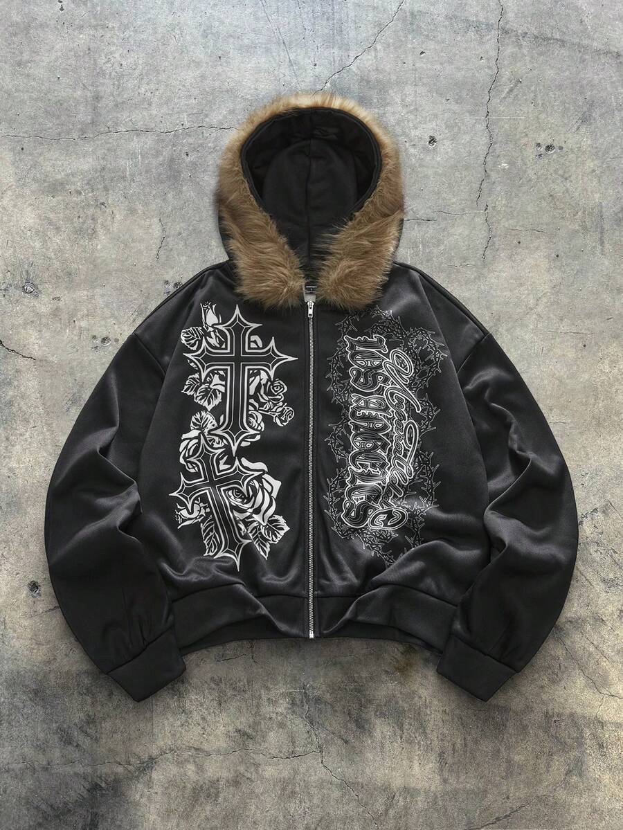 AXEPEAK Men's Cross Print Fleece Collar Zip Front Casual Hoodie, Autumn/Winter, Long Sleeve Top - Black - View 1