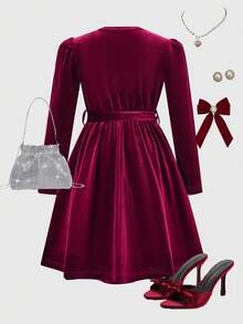 SHEIN Elladie kids Tween Girls Velvet Burgundy Crew Neck Long Sleeve Dress + Embellished Hem Design, Suitable For Autumn/Winter - Burgundy - View 2