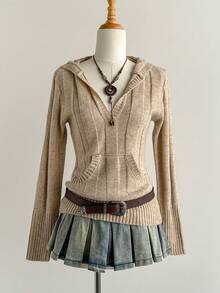 Elamini 女式时尚纯色长袖带口袋连帽毛衣 - 卡其色 - 查看 5