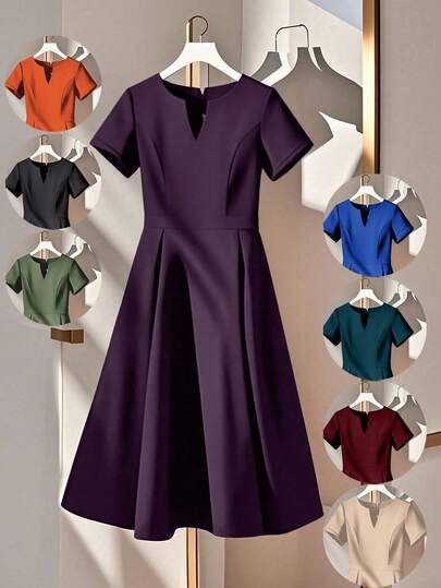 GlowEve CURVE Vestido elegante de manga corta con cuello con muesca de unicolor talla grande