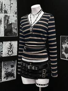 EgrlEra Camiseta de manga larga con cuello en V acanalado para mujer - Multicolor - Ver 5