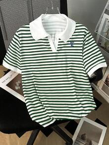 INAWLY 女士绿色条纹印花短袖T恤 - 彩色 - 查看 3