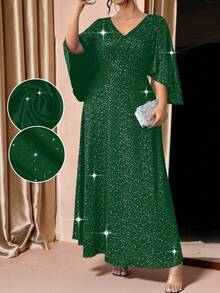 Allurite Plus Size Sequin Patchwork V-Neck Elegant Dress - Dark Green - View 1
