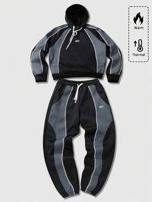 ROMWE MEN Prep Unisex American English Print Patchwork Hoodie Set, Casual Streetwear, Autumn/Winter - Black - View 4