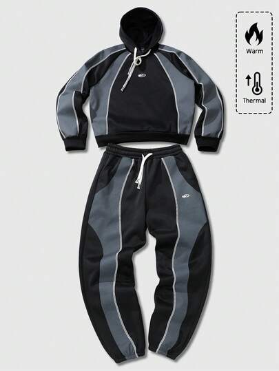 ROMWE MEN Prep Bộ áo hoodie chắp vá họa tiết tiếng Anh Mỹ dành cho cả nam và nữ, trang phục thường ngày dạo phố, thu/đông