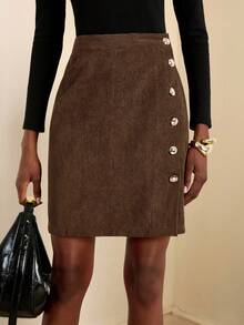 Vesra Women's Fashion Single Side Metal Button Asymmetric Openable High Waist A-Line Skirt - Brown - View 1