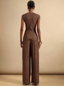 SHEIN Veneréa Women's Asymmetrical Knit Top + Wide Leg Pants Fashio2 Piecesce Set - Brown - View 2