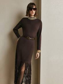 Arave Women's Slim Fit, Small High Collar, Cuffs With Beading Decoration, Hem With Tassel Stitching Design, Modern Party Long-Sleeved Sweater Dress,   Party Dress, Winter Clothes For Women - Chocolate Brown - View 2