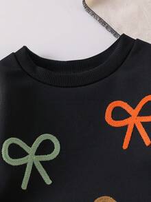 SHEIN Playful Pals 2 件套女婴彩色蝴蝶结刺绣运动衫和橙色裤子套装，时尚秋季服装 - 橘色 - 查看 6