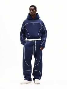 SUMWON 男士宽松连帽衫和运动裤套装，白色滚边细节 - 寶藍色 - 查看 4