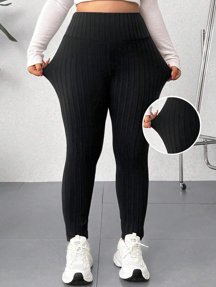 SHEIN EZwear Quần legging cạp cao màu đen đa năng thường ngày cỡ lớn - màu đen - Xem 1