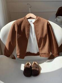 SHEIN 1 pièce Veste kaki doublée thermique épaisse unisexe pour bébé, vêtement d'extérieur décontracté et chaud pour bébés garçons et bébés filles, automne/hiver - Tabac - Voir 3