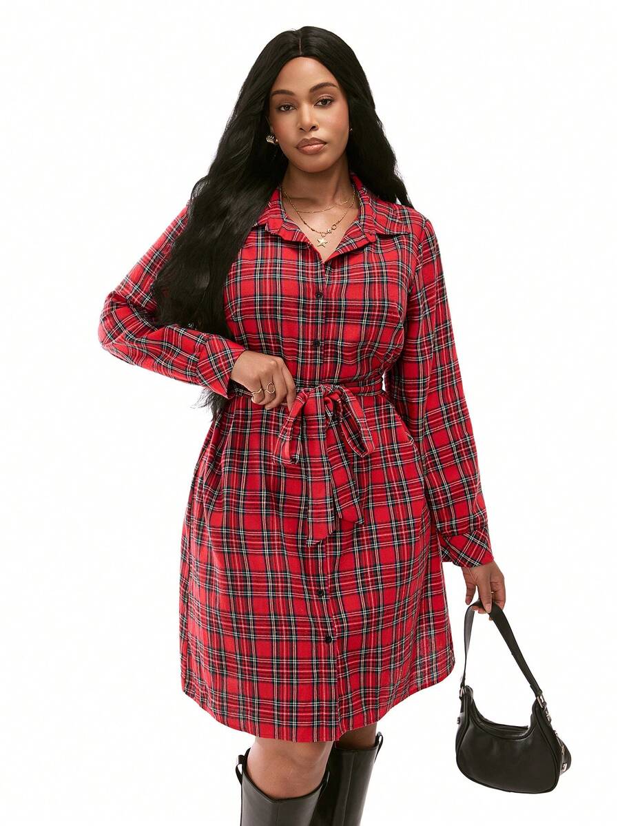 Solavibe 大码女式休闲度假复古圣诞格纹衬衫裙，秋冬 - 紅色 - 查看 1