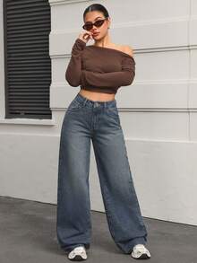 SHEIN PETITE 女式高腰口袋阔腿宽松休闲牛仔裤