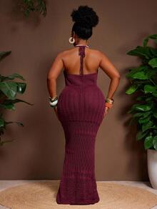 Veslaya Plus Size Solid Color Minimalist Sleeveless Sweater Dress - Burgundy - View 2
