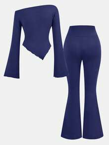 SHEIN Girlism 少女休闲两件套，浅灰色褶皱长袖修身针织上衣搭配喇叭裤，适合居家、户外、旅行、机场等场合，日常休闲穿着。蓝色套装，蓝色全套服装。 - 藏蓝色 - 查看 2