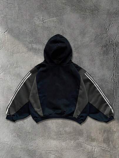 Street Life Men's Patchwork Contrast Color Hoodie, Loose Cropped Style