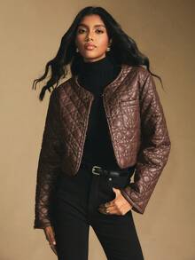 Poéselle Women's Solid Color Long Sleeve Metal Button Front Casual Short Winter Jacket - Brown - View 3