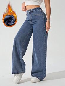 SHEIN ICON Quần Jeans Denim Ấm Áp Thường Ngày Màu Trơn Cho Nữ - Màu xanh lam - Xem 4