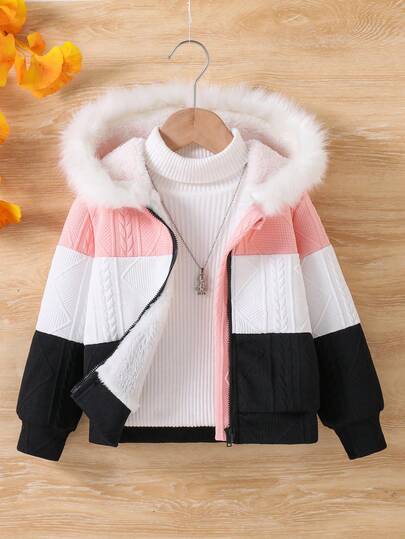 SHEIN Dziewczęca kurtka z kapturem i zamkiem błyskawicznym, z podszewką termiczną i kolorowymi blokami, jesień/zima