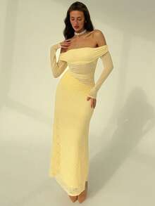 Aloruh Vestido elegante de manga larga ajustado con hombros descubiertos y pliegues de unicolor de largo medio para mujer - Amarillo - Ver 5