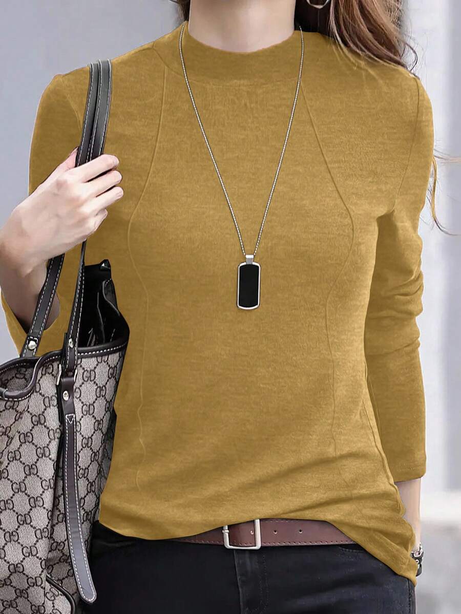 EMERY ROSE Áo thun nữ cổ tròn tay dài màu trơn đa năng thường ngày - Màu vàng - Xem 1