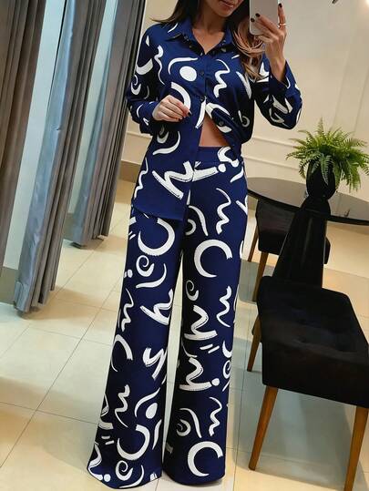 Chiquease Ensemble 2 pièces élégant et décontracté pour femmes, imprimé floral géométrique noir et blanc, idéal pour le travail et l'école