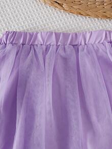 SHEIN Playful Pals 女童秋冬套装，包括3D蝴蝶结装饰毛衣上衣和杏色网纱裙，休闲时尚 - 紫色 - 查看 4