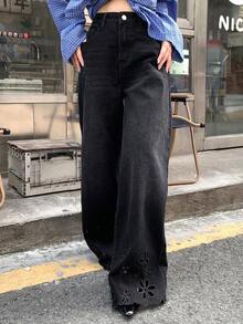 DAZY Women's Casual Distressed Floral Hollow-Out Denim Jeans - Black - View 1