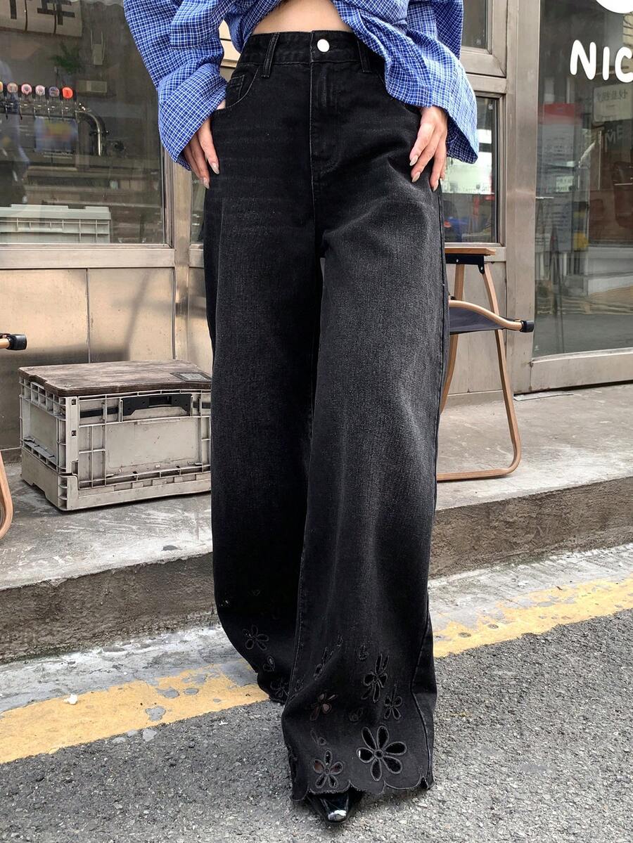 DAZY Women's Casual Distressed Floral Hollow-Out Denim Jeans - Black - View 1