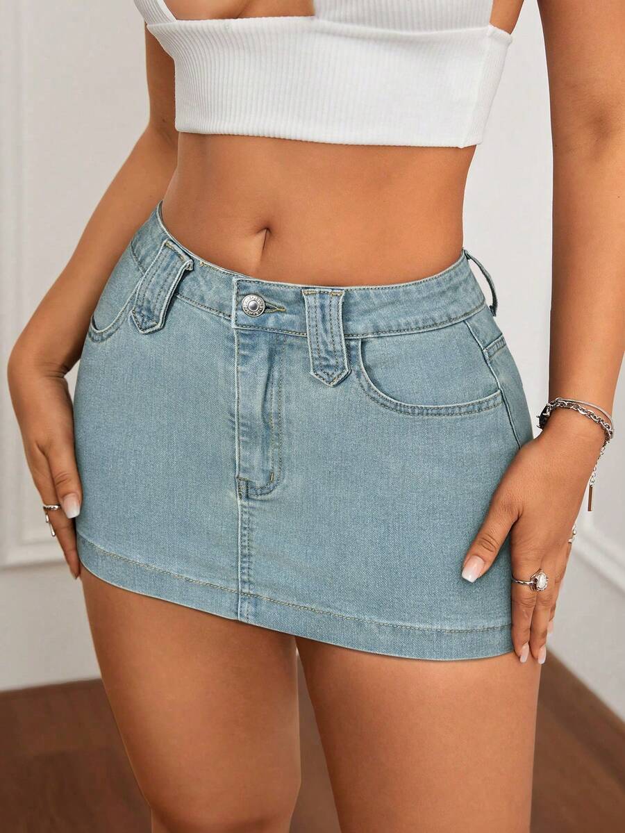 SHEIN ICON Chân váy bút chì denim giặt có túi thường ngày dành cho nữ - Rửa nhẹ - Xem 1