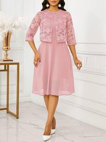 SHEIN Lady Bộ 2 món áo không tay ren trơn màu thanh lịch dành cho nữ, váy dự tiệc và sinh nhật mùa hè/váy công sở/váy đi nhà thờ/váy cưới/váy ngày lễ/ - Hồng - Xem 3