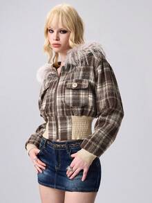 ROMWE Hippie Y2K Autumn/Winter Waist Cinched Retro Plaid Woolen Jacket - Brown - View 7