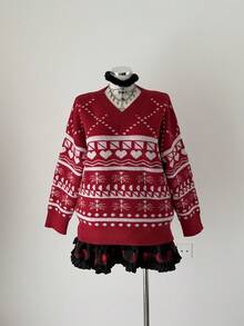 Sunspun Plus Size Women Heart Pattern V-Neck Long Sleeve Loose Pullover Sweater, Autumn/Winter - Red - View 7
