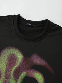 ROMWE MEN Street Life 男士模糊人像印花长袖T恤，宽松短款 - 黑色 - 查看 4