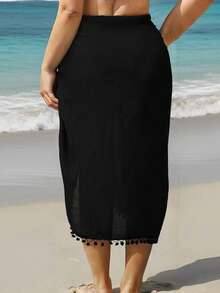 Swim Lushoire Plus Size Solid Color Skirt Cover-Up, Bohemian Style Tassel Beach Wrap - Black - View 2