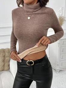 SHEIN Clasi 女款高領 T-shirt 摩卡棕色，秋季百搭日常保暖內裡長袖上衣，優雅冬季秋冬聖誕新年款 - 咖啡棕 - 查看 5