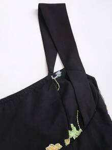 Sweetra French Style Apricot Embroidered Square Neck Waist Cinched Cute Sweet Elegant Women's Mini Dress, Spring/Autumn - Black - View 6