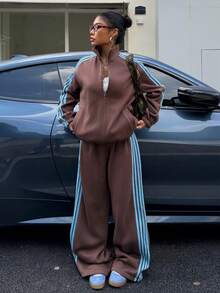 Muchica 女士休闲宽松两件套，撞色缎带饰边，保暖衬里，秋冬 - 棕色 - 查看 3