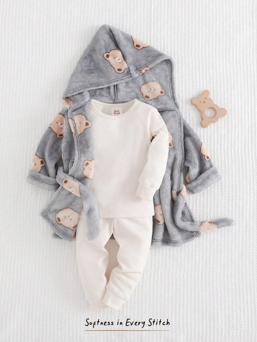 Cozy Pixies Baby Boy Star Pattern Fleece Thick Hooded Long Sleeve Tie-Waist Robe, Cute Bear Print Robe, Bear Pattern Robe, Baby Boy Robe, Cartoon Robe, Thermal Lined Thick, Winter - Royal Blue - View 1