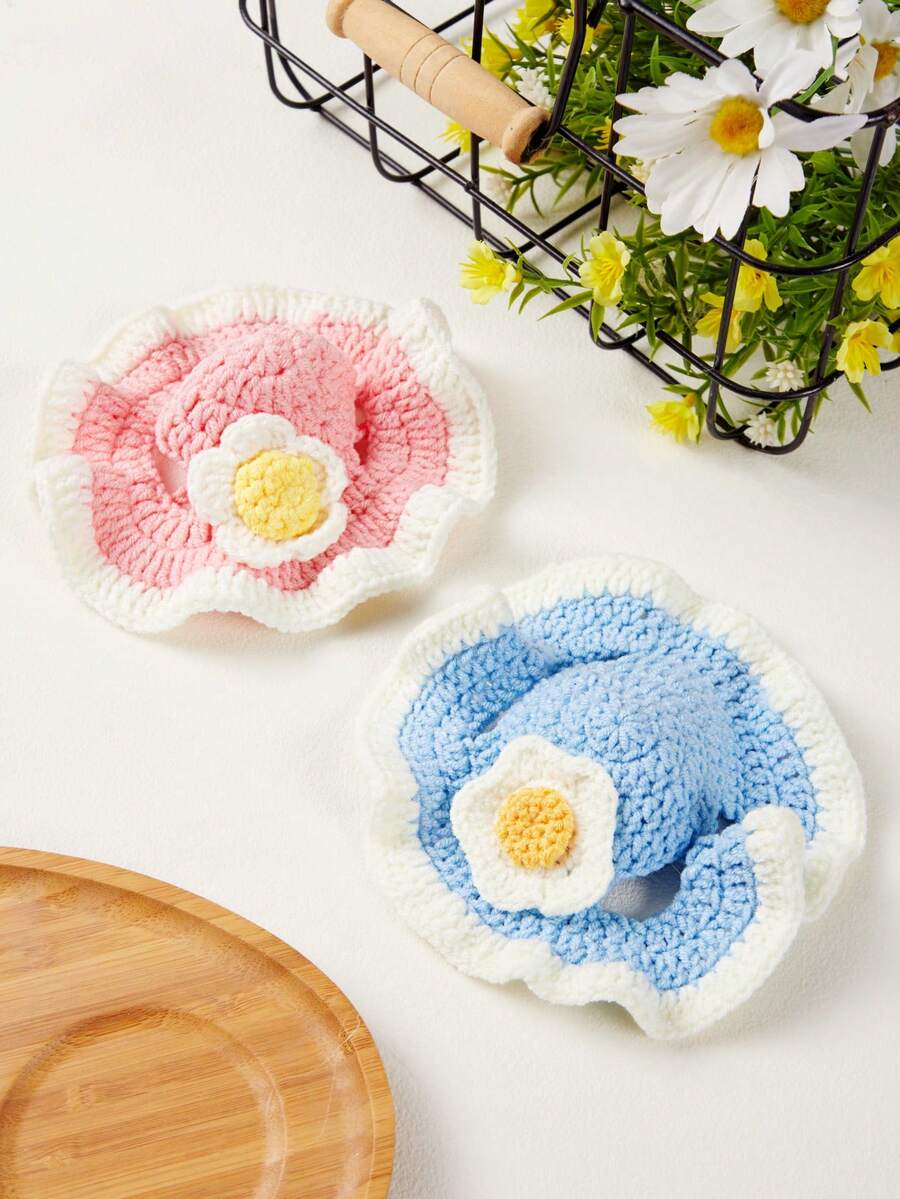 PETSIN 1 pieza Sombrero de punto cálido con flor de huevo blanco para mascotas, gorro de ganchillo de otoño e invierno para gatos y perros, disfraz - Multicolor - Ver 1