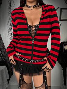 Whyspr Plus Size Punk Y2K Striped Bunny Ear Hooded Zip-Up T-Shirt - Multicolor - View 3
