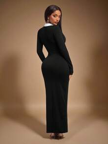 Radiana Rochie lungă de damă, cu mânecă lungă, în contrast cu alb-negru, potrivită pentru purtare zilnică, întâlniri casual, întâlniri, birou, naveta, maieu de toamnă/iarnă