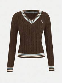 SHEIN Navy Blue V-Neck Basic Casual Pullover Sweater, Contrast Color, School/Daily Wear For Teen Girls - Brown - View 5